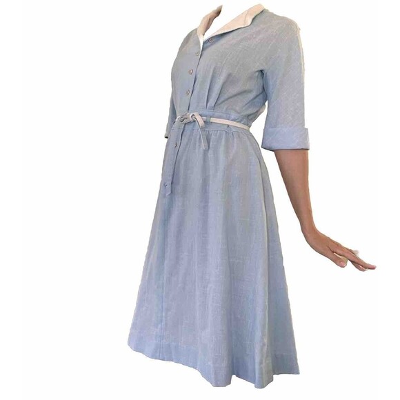 Vintage 60s 70s Nancy Greer New York Blue Shirt Waist A Line Dress Size 10 - Picture 1 of 9